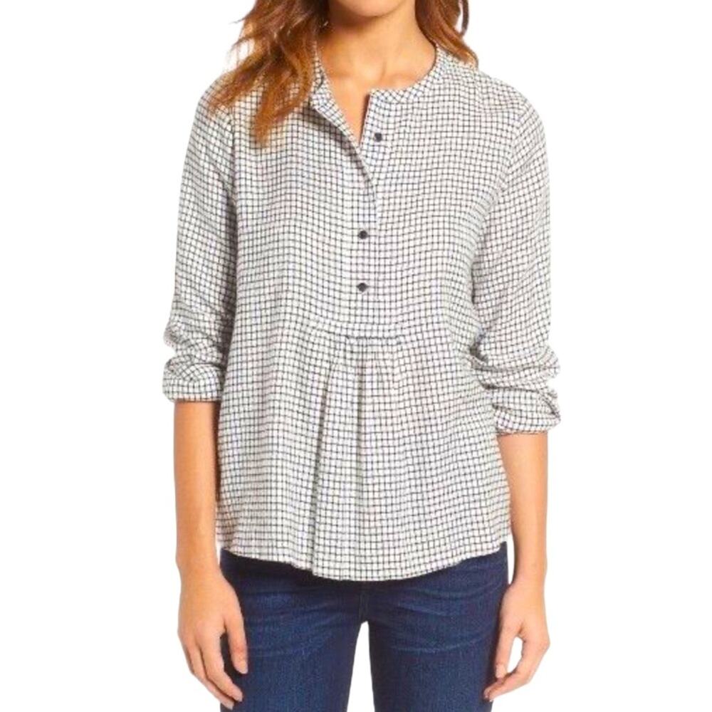 Madewell Size Medium Market Popover Plaid Blouse in Malone Black and White